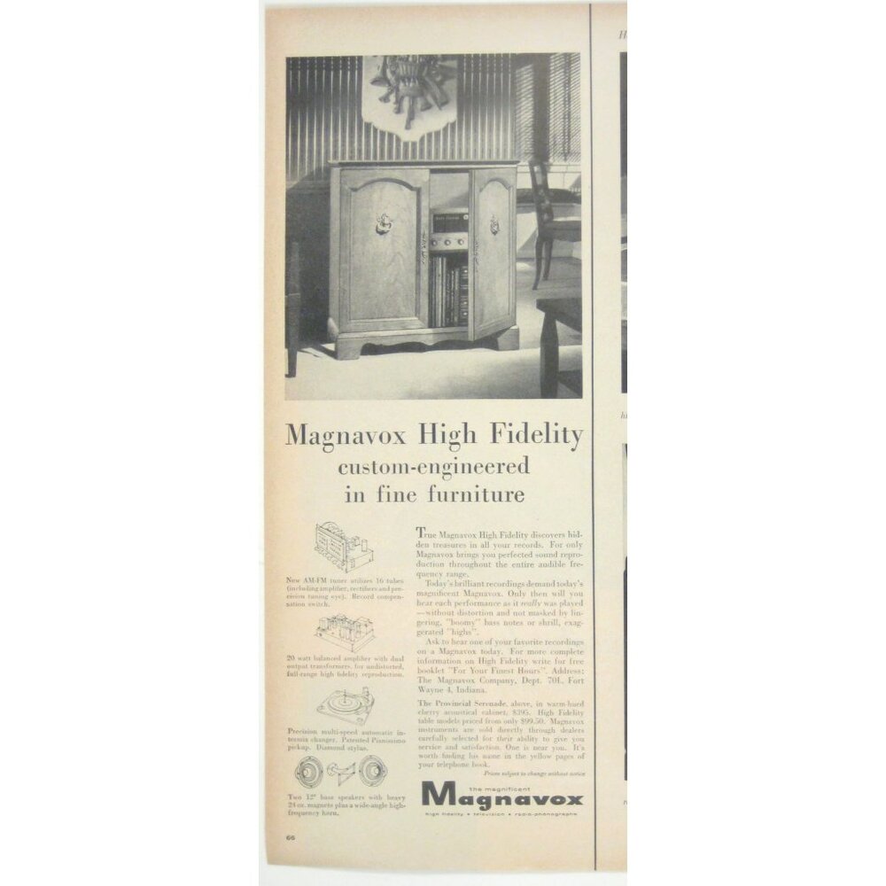 Magnavox 1956 Vintage Print Ad High Fidelity AM FM Radio Fine Furniture MOD